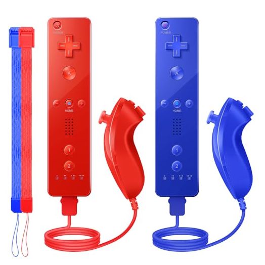 PGYFDAL Wii Controller 2 Pack, Wii Remote Controller and Nunchuck Joystick with Silicone Case and Wrist Strap for Holiday (Red and Dark Blue)