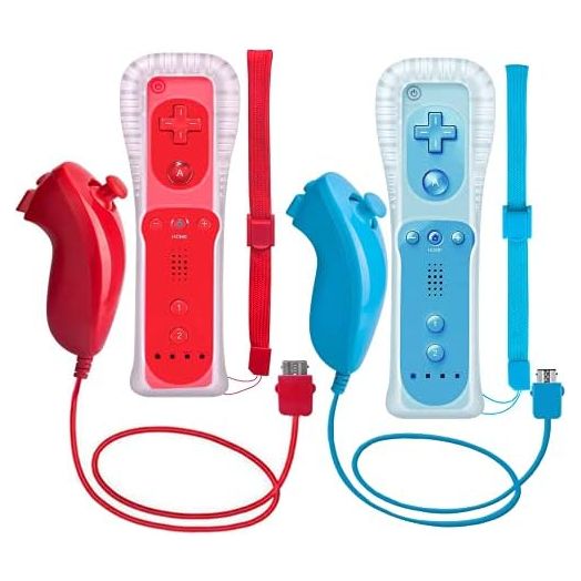 2 Packs Wii Controller and Nunchuck for Wii and Wii U Console, Gamepad with Silicone Case and Wrist Strap (Red and Blue)
