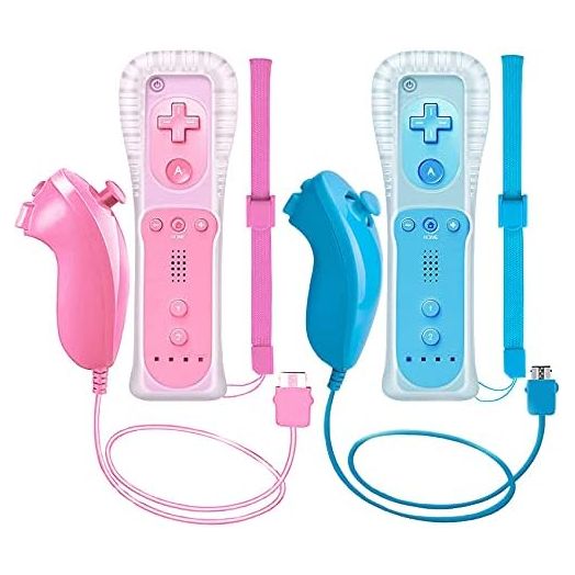 2 Packs Wireless Controller and Nunchuck for Wii and Wii U Console, Gamepad with Silicone Case and Wrist Strap (Pink and Blue)