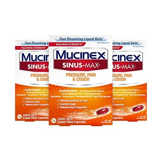 Mucinex Sinus-Max Maximum Strength Pressure, Pain & Cough, Sinus Symptom Relief, Pain Reliever, Cough Suppressant, Expectorant and Nasal Decongestant, 16 Liquid Gels (Pack of 3)