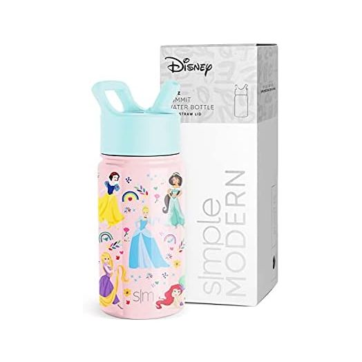 Simple Modern Disney Princesses Kids Water Bottle with Straw Lid | Reusable Insulated Stainless Steel Cup for School | Summit Collection | 14oz, Princess Rainbows