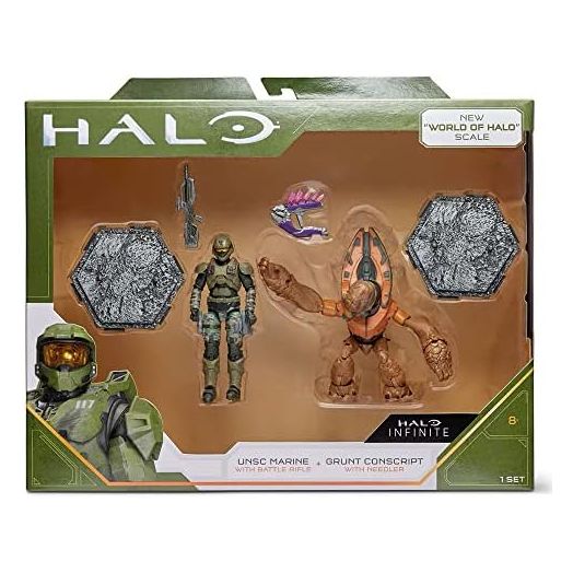 Halo Infinite: World of Halo USNC Marine with Battle Rifle & Grunt Conscript with Needler Figures