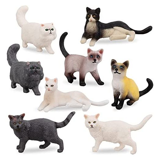 Toymany 8PCS Small Black White Cat Figurines, Realistic Educational Cat Figures Toy Set, Kitten Easter Eggs Cake Topper Christmas Birthday Gift Diorama School Project for Kids Children