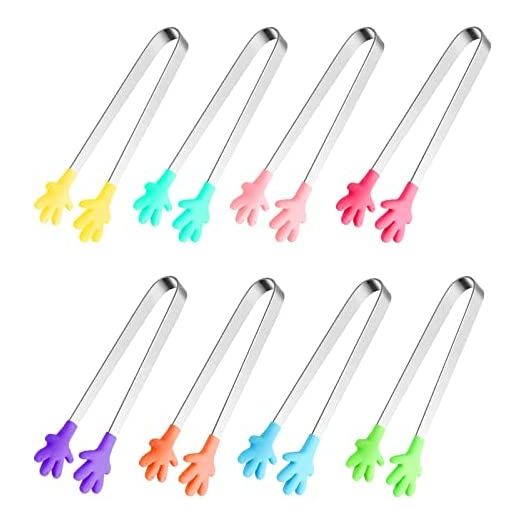 8PCS Silicone Mini Tongs, 5Inch Hand Shape Food Tongs, Colourful Small Kids Tongs for Serving Food, Ice Cube, fruits, Sugar, Barbecue by Sunenlyst (Palm sharp)