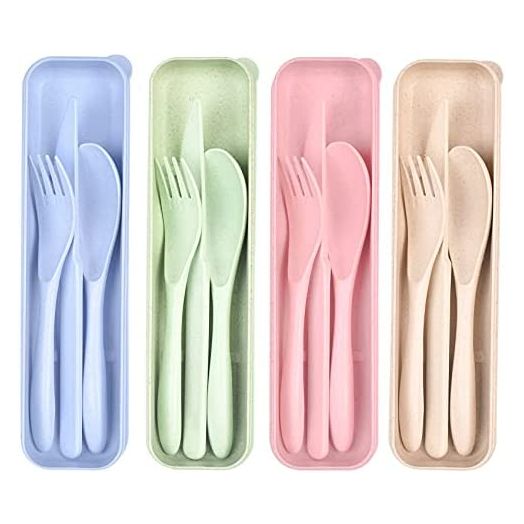 Travel Utensil Set with Case, 4 Sets Wheat Straw Reusable Spoon Knife Forks Tableware, Eco Friendly Non-toxin BPA Free Portable Cutlery for Travel Picnic Camping or Daily Use
