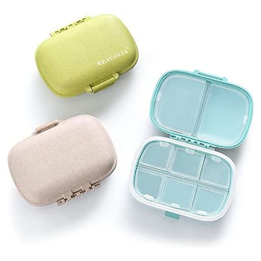 3 Pack 8 Compartments Travel Pill Organizer Moisture Proof Small Pill Box for Pocket Purse Daily Pill Case Portable Medicine Vitamin Holder Container (Blue+Green+Khaki)