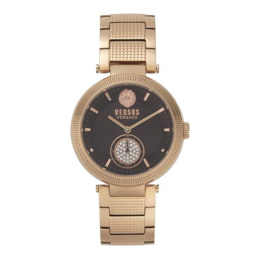 Versus Versace Star Ferry Collection Luxury Womens Watch Timepiece with a Rosegold Bracelet Featuring a Gold Case and Brown Dial
