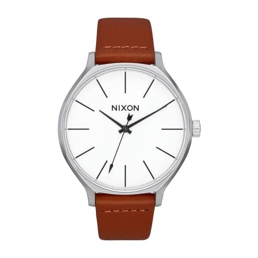 NIXON Clique Leather A1250 - Silver/Brown - 50m Water Resistant Women's Analog Classic Watch (38mm Watch Face, 17mm-15mm Leather Band)