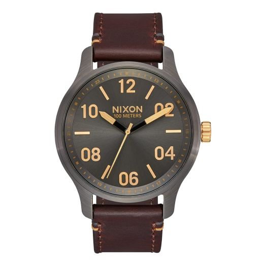 NIXON Patrol Leather A1243 - Gunmetal/Gold - 100m Water Resistant Men's Analog Classic Watch (42mm Watch Face, 21mm Leather Band)