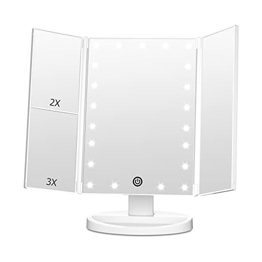 FASCINATE Trifold Vanity Mirror with Lights, Lighted Makeup Mirror 2X/3X Magnification, 21 LED Touch Dimming