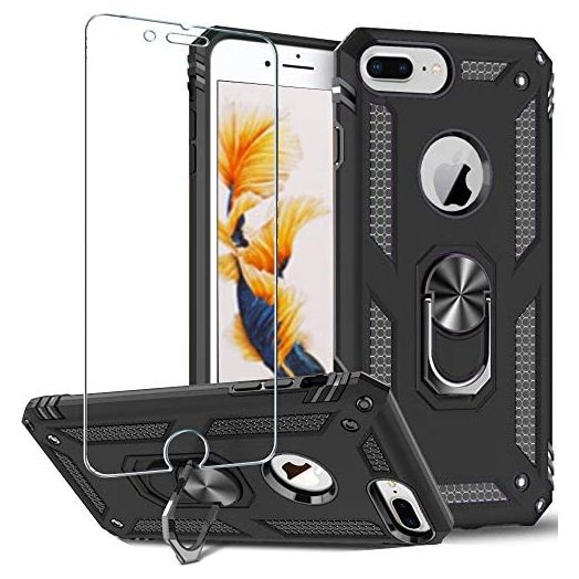 Folmeikat Compatible with iPhone 8 Plus,iPhone 7 Plus,iPhone 6s Plus/6 Plus Case,Screen Protector 360 Degree Rotating Metal Ring Slim Shock Absorption Reinforced Corner Soft TPU Silicone 5.5"(Black)