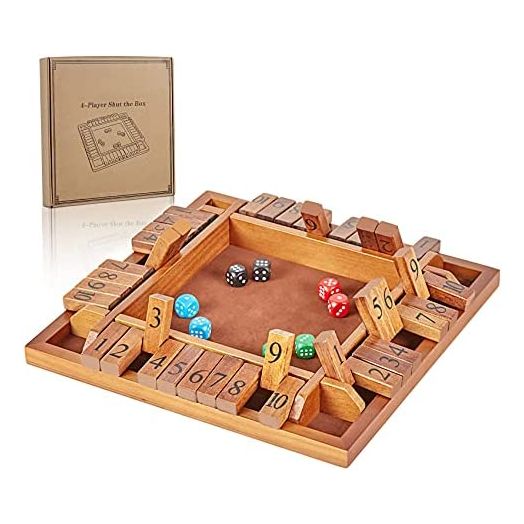 ApudArmis 4-Way Shut The Box, Large Wooden Board Game Set with Dice