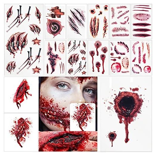 ILEBYGO Halloween Zombie Scars Tattoos,Zombie Makeup, Halloween Temporary Tattoos Fake Blood Makeup Vampire Makeup for Cos Play
