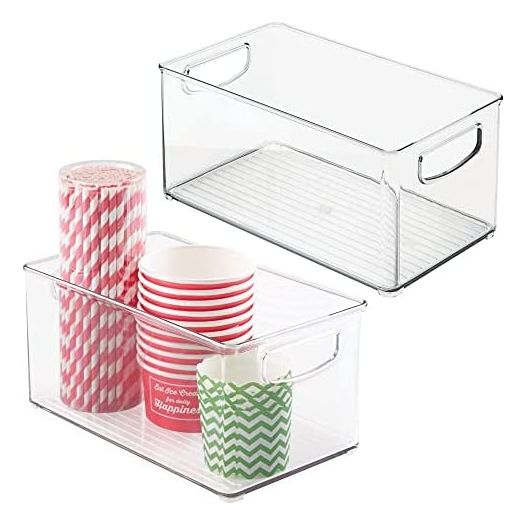 mDesign Plastic Kitchen Organizer - Storage Holder Bin with Handles for Pantry, Cupboard, Cabinet, Fridge/Freezer, Shelves, and Counter - Holds Canned Food, Snacks, Drinks, and Sauces - 2 Pack - Clear