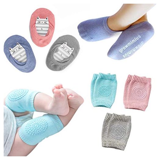 Baby Crawling Anti-Slip Knee and Anti Slip Baby Boys Girls Socks Best Infant Gift, Unisex Baby Toddlers Kneepads (Blue Pink Grey)