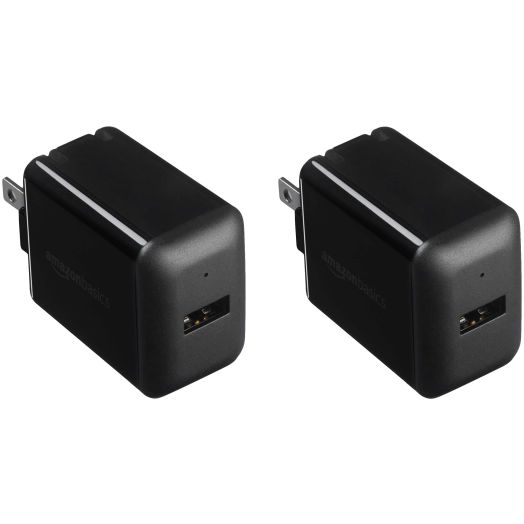 Amazon Basics 12W One Port USB-A Wall Charger (2.4A) for Phones (iPhone 15/14/13/12/11/X, Samsung, and more), Pack of 2, Black