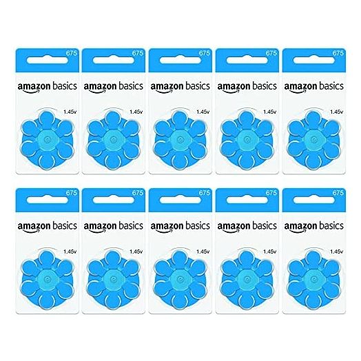 Amazon Basics 1.45 Volt Hearing Aid Batteries - Pack of 60, Size 675