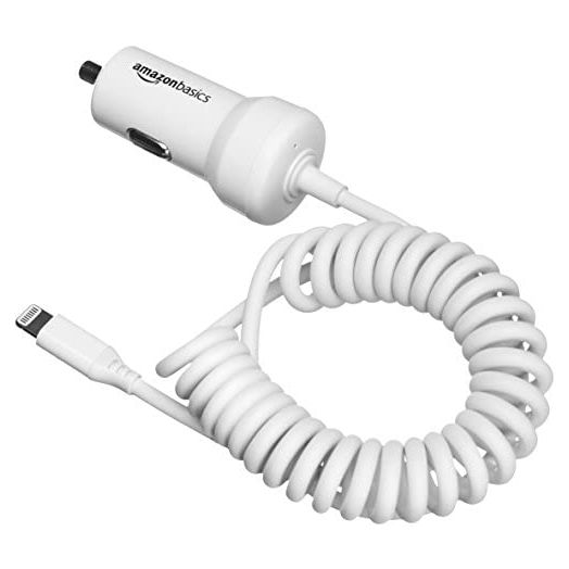 Amazon Basics Coiled Cable Lightning Car Charger - 5V 12W - 1.5-Foot, White, 5-Pack