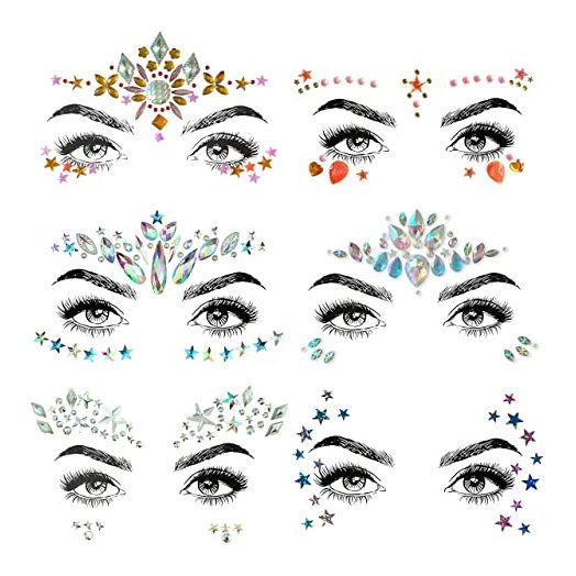 SHINEYES 6 Pcs Music Festival Face Jewels, Rhinestone Rave Face Gems Glitter,Crystal Birthday Party Festival Face Sticker, Eyes Face Body Temporary Tattoos for Festival Party
