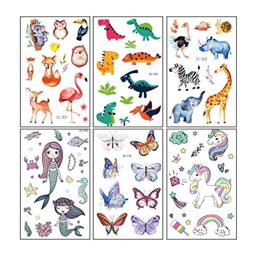 Temporary Tattoos for Kids, Christmas Birthday Party Supplies Unicorn Mermaid Butterflies Dinosaur Fake Tattoo Stickers Art(6 Sheets)