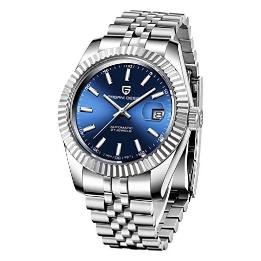 Automatic Mens Watches Luxury Two Tone Stainless Steel Waterproof Wrist Watch for Men Casual Analogue Mechanical Wristwatch (Silver Blue 1645)…