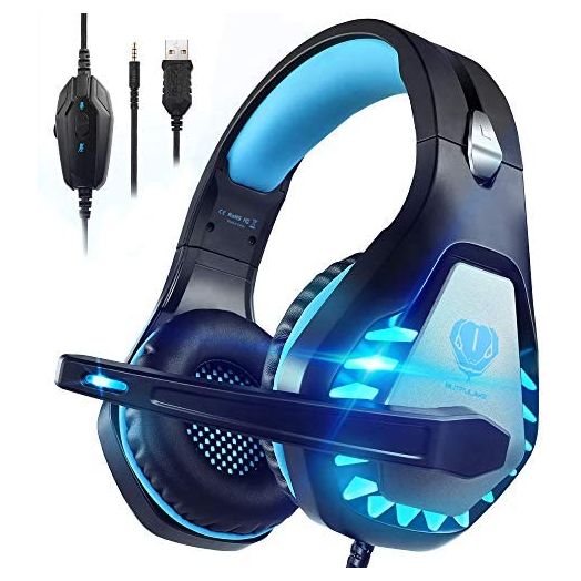 Pacrate Gaming Headset with Microphone for PC PS4 PS5 Headset Noise Cancelling Gaming Headphones for Laptop Mac Switch Xbox One Headset with LED Lights Deep Bass for Kids Adults Black Blue