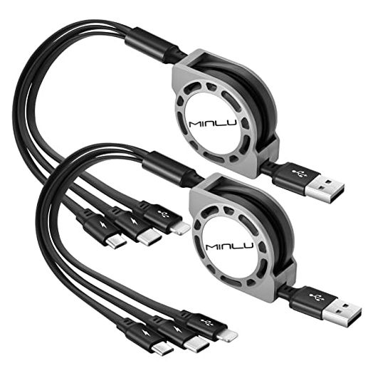 Multi Charging Cable 3A [2Pack/4ft] 3 in 1 Retractable Fast Charger Cable with IP/Type C/Micro USB Ports for iPhone 13/12/11/Xs/X/Xr/8/7/6/SE/iPad/Samsung Galaxy/HTC/Huawei/LG/PS4/GPS/Sony/Tablets