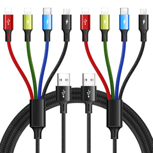 Multi Charging Cable,3.5A Multi Charger Cable,Braided 4 in 1 Charging Cable,Multi USB Cable, Fast Charging Cord with IP/Type C/Micro USB Port for Cell Phones/Tablets/Samsung Galaxy & More(2Pack 4Ft)