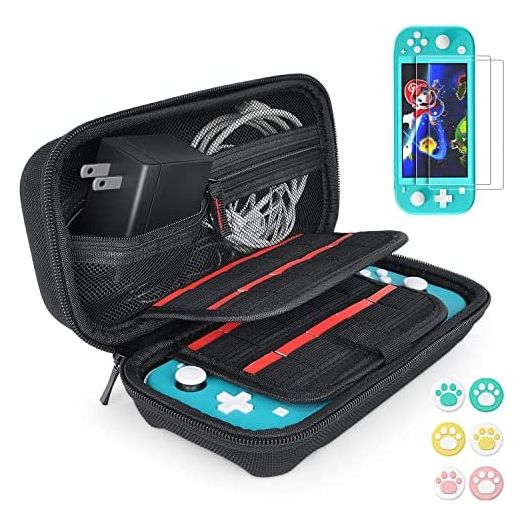 Hestia Goods Switch Case Compatible with Nintendo Switch Lite with 2 Pack Screen Protector & 6 Pcs Thumb Grip, 20 Game Cartridges Hard Shell Travel Carrying Switch Lite Console & Accessories, Black