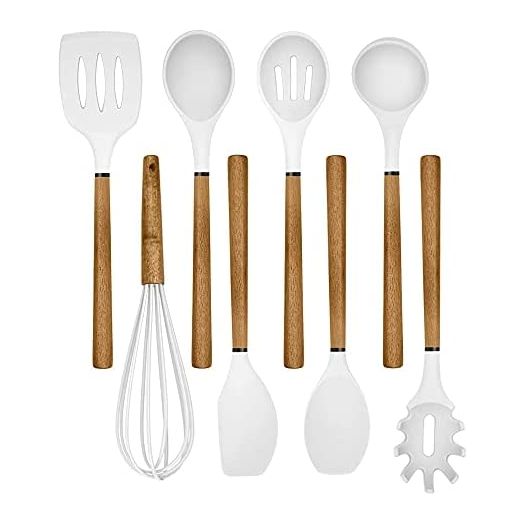 Country Kitchen 8 pc Non Stick Silicone Utensil Set with Rounded Wood Handles for Cooking and Baking - White