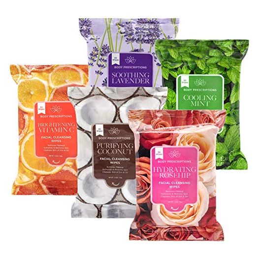 Body Prescriptions Makeup Remover Wipes Bulk, 5 Pack, 150 Facial Cleansing Cloths Removes Makeup, Mascara, Dirt and Oil (Mint, Rosehip, Vitamin C, Lavender and Coconut)
