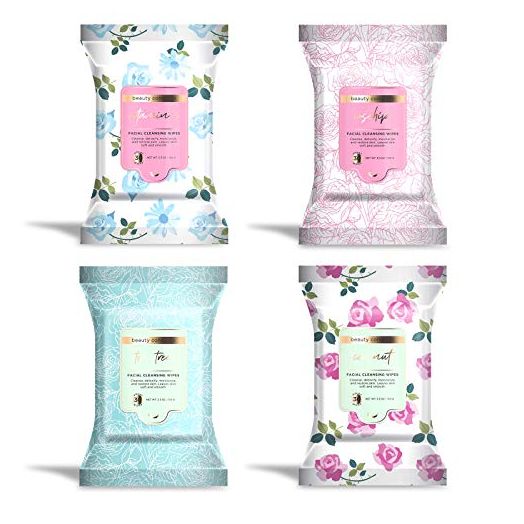 Beauty Concepts Facial Wipe Set- 4 Packs of Face Wipes, Makeup Removing Wipes with Vitamin C, Tea Tree, Rosehip, and Coconut, Aqua Floral Package