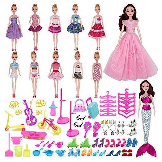 EuTengHao 89Pcs Doll Clothes and Accessories for 11.5 Inch Girl Dolls Set Include 10 Different Party Grown Outfits for Girl Doll, 77 Doll Accessories,1 Handmade Wedding Doll Dress and 1 Mermaid Dress