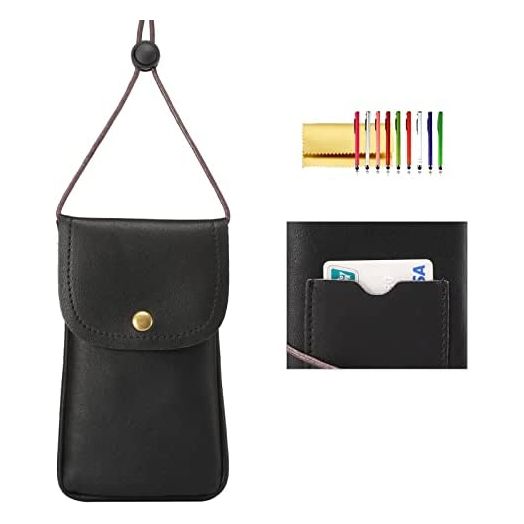 Techcircle Cell Phone Neck Pouch PU Leather Carrying Bag with Credit Card Holder Adjustable Strap, Small Travel Purse for iPhone 11 XR XS Max SE 8 7 6 Plus, Galaxy S10 S7 Edge A10 J7, Moto G6 (Black)