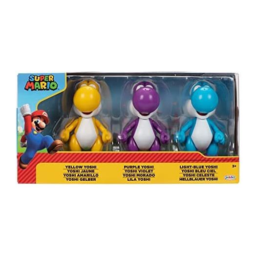 Nintendo Yoshi 3-Pack Action Figures, 4 Inch / 10cm Authentic Super Mario Figures Includes Yellow Yoshi, Purple Yoshi and Light-Blue Yoshi, Ideal for Ages 3+
