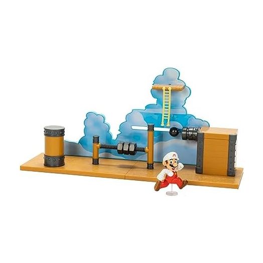 Super Mario Deluxe 2.5in Bowser's Air Ship Playset with Fire Mario Action Figure, Rope Ladder and Screw-Bolt Obstacles