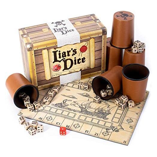 Brybelly Liar's Dice Game Set - Classic Family Bluffing Game - Treasure Chest Includes Six Professional Bicast Leather Dice Cups, 30 Custom Bullseye D6 Dice, Custom Bidding Die, Pirate Ship Game Mat