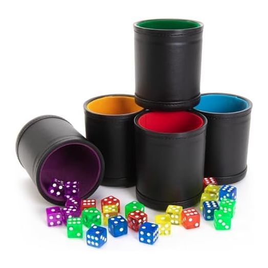Brybelly Dice Set with Dice Shaker Cup - Perfect for Casino Dice Game - Dice Games for Family - Quality Leather Dice Cup - Poker Dice Shaker - Multicolor Dice Cups and 25 Multicolor Dice Sets