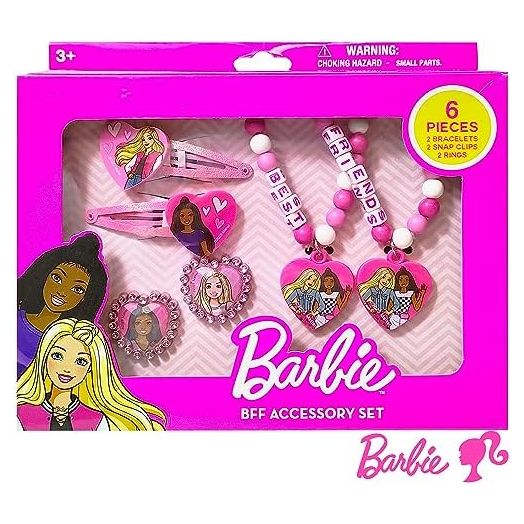LUV HER Barbie Accessories for Girls 6 Piece Toy Jewelry Box Set with 2 Rings, 2 Bead Bracelets, and Snap Hair Clips Ages 3+