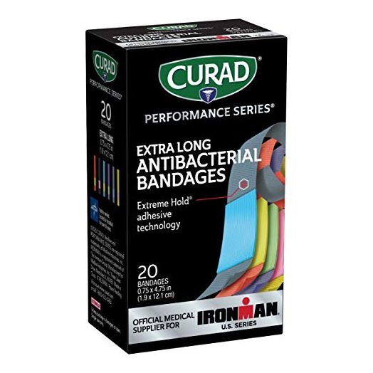 Curad Performance Series Ironman Extra Long Antibacterial Bandage, Extreme Hold Adhesive Technology, Fabric Bandages.75 x 4.75 Inch, 20 Count