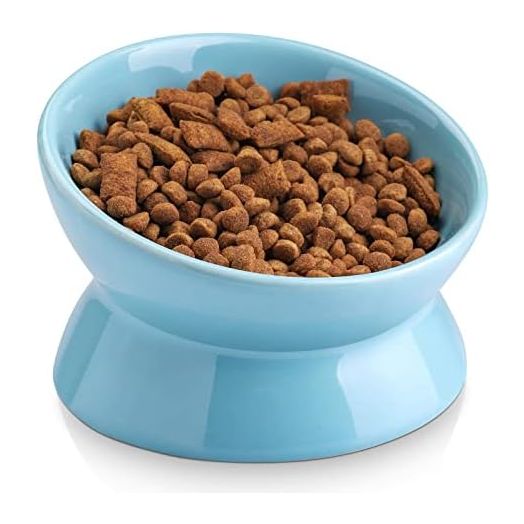 Nucookery Ceramic Cat Food Bowl Elevated,Raised Tilted Cat Bowl Anti Vomiting, Small Dog Cat Kitten Bowls(5“, Lake Blue)