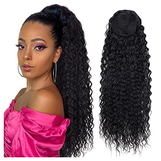 30 Inch Curly Ponytail Extensions for Black Women Drawstring Ponytail Synthetic Water Wave Long Drawstring