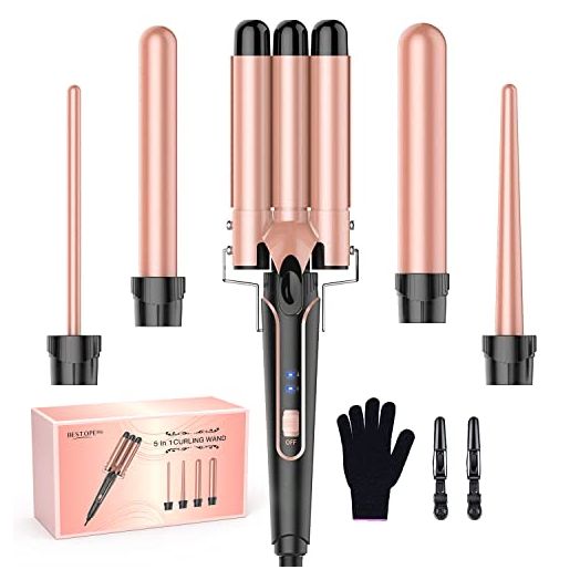 Beach Waver Curling Iron Wand, 5 in 1 Curling Wand Set with 3 Barrel Hair Crimper for Women