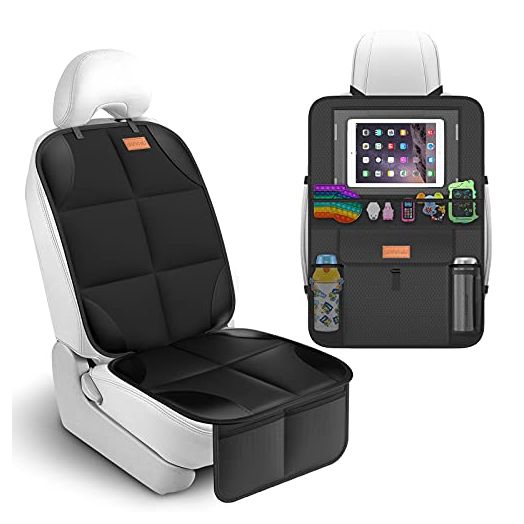 Smart eLf Car Seat Protector + Backseat Car Organizer Kick Mat, Large & Waterproof 600D Fabric Child Auto CarSeat Protectors Saver for Baby Sit with Storage Pockets for Leather and Fabric Car Seat