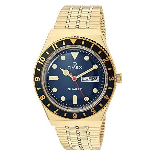 Timex 38 mm Q Timex Black/Blue 3-H Gold Case Blue Dial Gold Bracelet