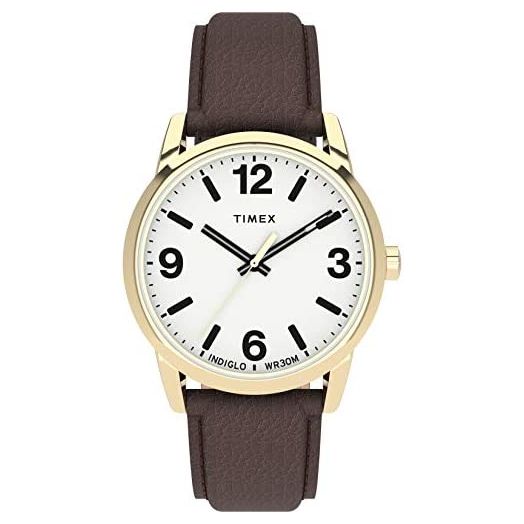 Timex Men's Easy Reader Bold 38mm Watch – Gold-Tone Case White Dial with Brown Leather Strap