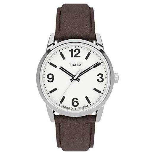 Timex Men's Easy Reader Bold 38mm Watch – Silver-Tone Case White Dial with Brown Leather Strap
