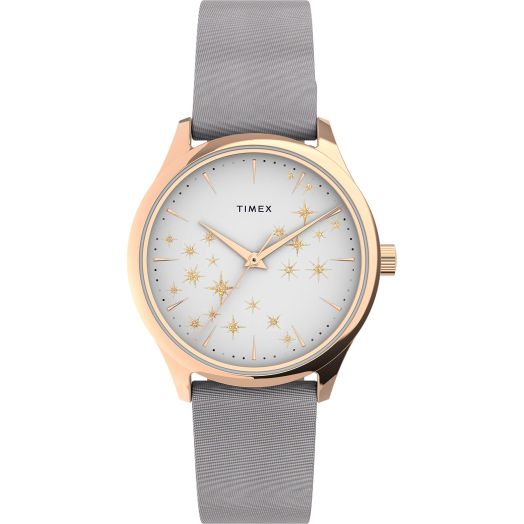 Timex Women's Starstruck 32mm Watch – Rose Gold-Tone Case White Dial with Gray Leather Strap