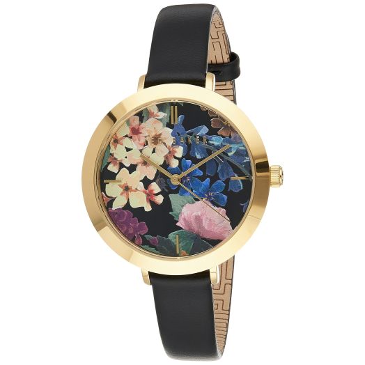 Ted Baker Ammy Floral Black Leather Strap Watch (Model: BKPAMF1019I)