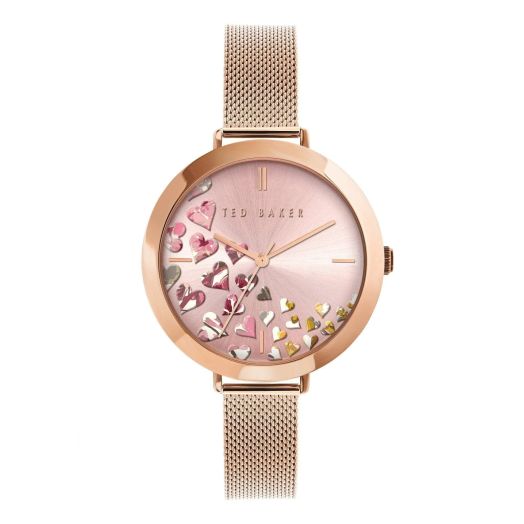 Ted Baker Ammy Hearts Stainless Steel Rose Gold Tone Mesh Band Watch (Model: BKPAMF1079I)